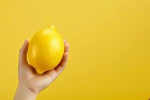 Lemon in hand isolated on yellow background with copy space. ai generated photo