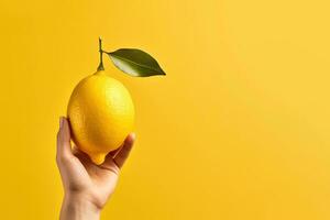 Lemon in hand isolated on yellow background with copy space. ai generated photo