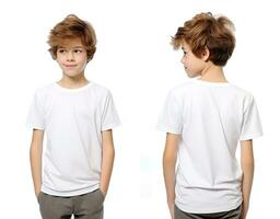 Front and back views of a little boy wearing a white T-shirt. ai generated photo