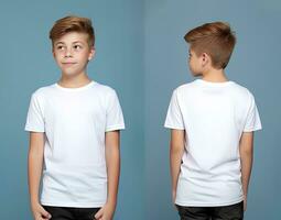 Front and back views of a little boy wearing a white T-shirt. ai generated photo