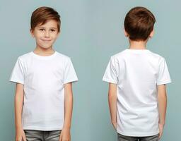 Front and back views of a little boy wearing a white T-shirt. ai generated photo