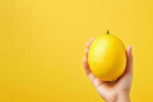 Lemon in hand isolated on yellow background with copy space. ai generated photo