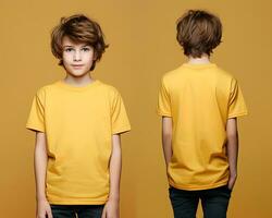 Front and back views of a little boy wearing a yellow T-shirt. ai generated photo