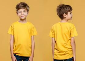 Front and back views of a little boy wearing a yellow T-shirt. ai generated photo