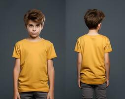 Front and back views of a little boy wearing a yellow T-shirt. ai generated photo