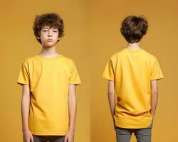 Front and back views of a little boy wearing a yellow T-shirt. ai generated photo