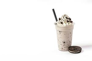 Cookies and cream milkshake in a takeaway cup isolated on white background with copy space. ai generated photo