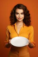 Young beautiful stylish woman holding an empty plate or dish isolated on orange background. ai generated photo