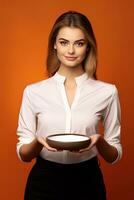 Young beautiful stylish woman holding an empty plate or dish isolated on orange background. ai generated photo