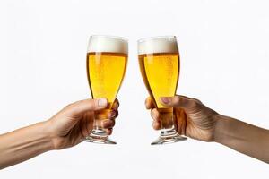 Hands toasting with glasses of beer isolated on white background. ai generated photo