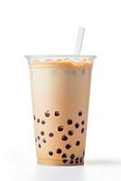 iced milk tea and bubble boba in the plastic glass on the white background. ai generated photo