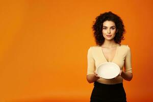 Young beautiful stylish woman holding an empty plate or dish isolated on orange background with copy space. ai generated photo