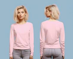 Woman wearing a pink T-shirt with long sleeves. Front and back view photo