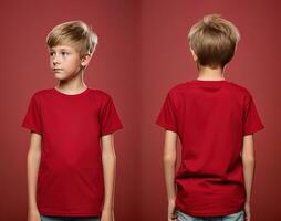 Front and back views of a little boy wearing a red T-shirt. ai generated photo