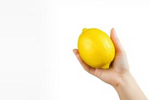 Lemon in hand isolated on white background with copy space. ai generated photo