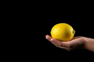 Lemon in hand isolated on black background with copy space. ai generated photo