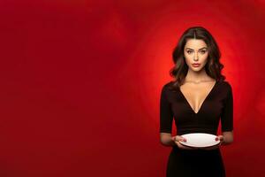 Young beautiful stylish woman holding an empty plate or dish isolated on red background with copy space. ai generated photo