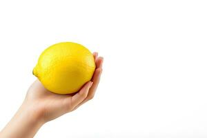 Lemon in hand isolated on white background with copy space. ai generated photo