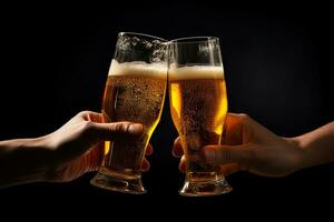 Hands toasting with glasses of beer isolated on black background. ai generated photo