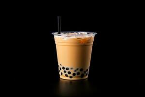 milk tea white bubble on plastic cup, isolated on dark background, side view. ai generated photo