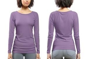 Woman wearing a purple T-shirt with long sleeves. Front and back view. ai generated photo