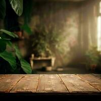 vacío rústico de madera mesa con algunos plantas, ai generativo foto