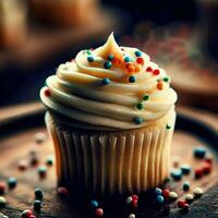 A vanilla cupcake with rainbow sprinkles on a wooden board, Ai Generative photo