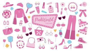 Pink doll girl trendy set with aesthetic accessories, clothing and cosmetics. Cartoon vector illustration.