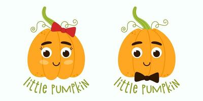 pequeño calabaza letras. linda niña y chico personaje calabaza. dibujos animados vector ilustración.