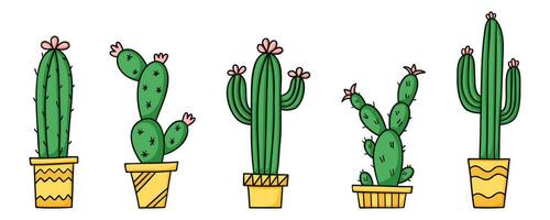 Cute green cactus and succulents in yellow pots. Cartoon vector illustration set