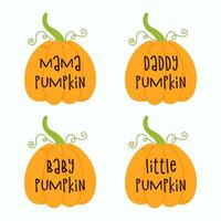 Cute pumpkin set. Baby, mama, daddy, little pumpkin lettering phrase. Hand drawn cartoon vector illustration.