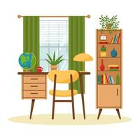 Vintage study room interior with window, wardrobe, table. Retro furniture set in 60s style. Flat vector illustration