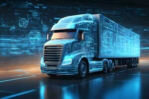 Tractor truck. 3d illustrator rendering lorry van. Highway road. futuristic city dark blue background. Transportation, logistics shipping concept. Digital polygonal hologram.AI Generated photo