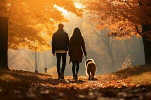 young couple walking dog in the park in autumn day, AI Generated photo