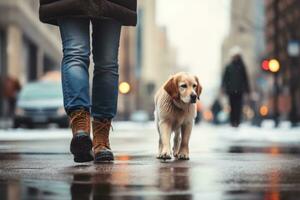 dog walking with unrecognizable owner in city street crosswalk, AI Generated photo