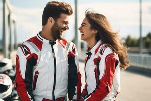 joven frio Pareja vistiendo motocicleta engranaje y cascos, ai generado foto