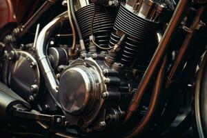 Close up view of a shiny motorcycle engine, AI Generated photo