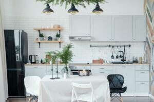 Modern kitchen interior decorated for Christmas photo