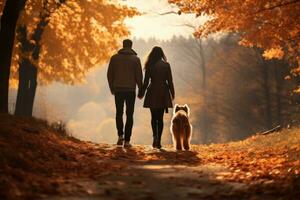 young couple walking dog in the park in autumn day, AI Generated photo