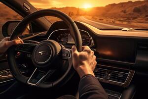 Man driving a car using navigator, photo