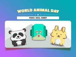 World animal day, square animal cartoon set panda, snail, and rabbit. vector