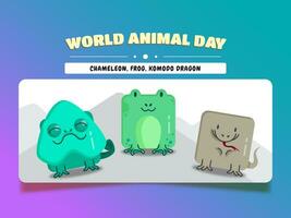 World animal day, square animal cartoon set chameleon, frog, and komodo dragon. vector