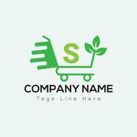 Eco Shopping Logo On Letter S Template. Eco Online cart On S Letter, Initial Shopping Sign Concept vector