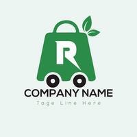 eco compras logo en letra r modelo. eco en línea carro en r carta, inicial compras firmar concepto vector