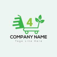 Eco Shopping Logo On Letter 4 Template. Eco Online cart On 4 Letter, Initial Shopping Sign Concept vector