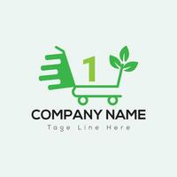 Eco Shopping Logo On Letter 1 Template. Eco Online cart On 1 Letter, Initial Shopping Sign Concept vector