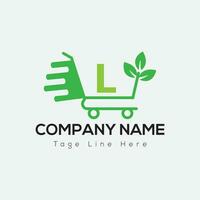 Eco Shopping Logo On Letter L Template. Eco Online cart On L Letter, Initial Shopping Sign Concept vector