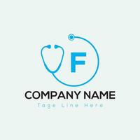 Healthcare Logo On Letter F Template. Medical On F Letter, Initial Doctor Sign Concept, Stethoscope logo icon vector