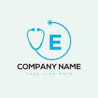 Healthcare Logo On Letter E Template. Medical On E Letter, Initial Doctor Sign Concept, Stethoscope logo icon vector