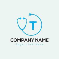 Healthcare Logo On Letter T Template. Medical On T Letter, Initial Doctor Sign Concept, Stethoscope logo icon vector